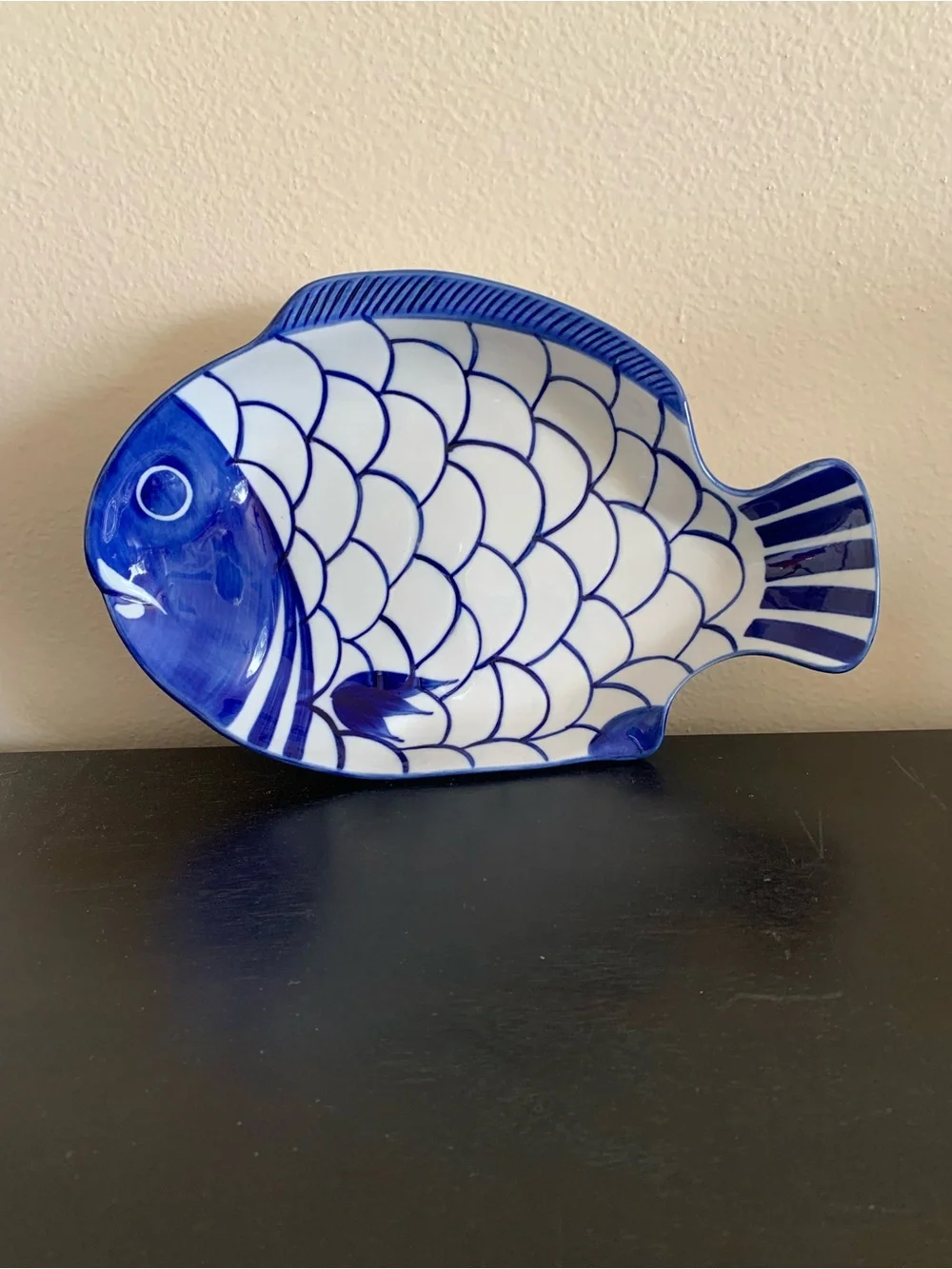 Dansk Arabesque Fish Shaped Shallow Bowl Cobalt Blue and White Dish Platter